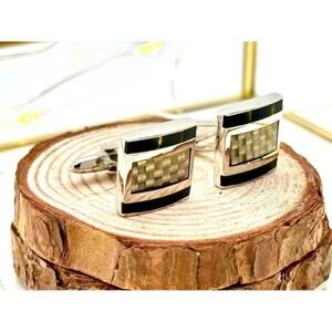Vintage Carbon Fiber Style Rectangular Cufflinks Silver Tone Black Check Inlay